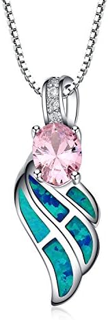 LANMPU Sterling Silver wing with Blue Green Fire Opal Inlay and pink Cubic Zirconia Pendant Necklace for Women and Girls, 46cm Box Chain