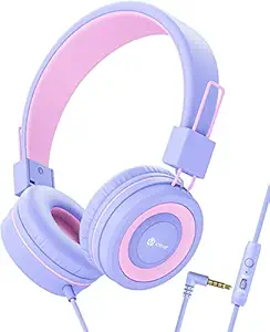 iClever Kids Headphones for Girls with Mic, 85/94dB Volume Control, Wired Headphones for Kids, Adjustable Headband, Foldable - Children Headphones for iPad/Tablet/Airplane/School, Purple