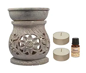 Pure Source India Handcrafted Soapstone Oil Diffuser with Floral Carving (Free 2 Tea Light Candles & 10 ml Lemon Grass Aroma Oil)