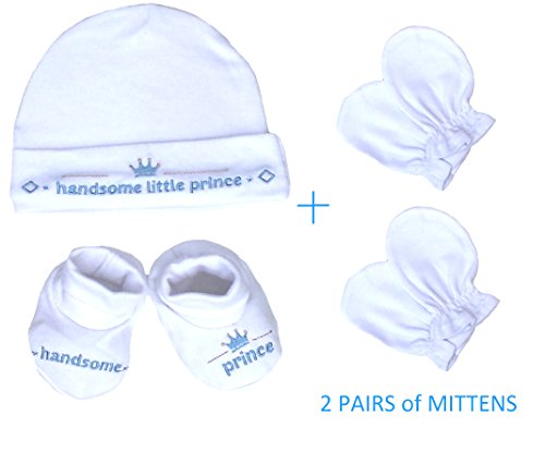 Baby Boys/Girls Little Prince or Princess White Gift set Plus 2 Pairs of Mittens (White/Blue)