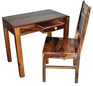 Furniture Plaza Table with 1 Drawer and 1 Chair for Home Living Study Room Bedroom (Natural Teak Finish)