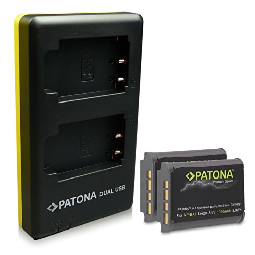 PATONA 2in1 Dual Cargador + 2x Premium Batería NP-BX1 | NPBX1 para Sony CyberShot DSC RX100 RX1 AS15 AS20 AS30V DSC-H400 HX50 HX60 HX80 HX90 HX400 WX300 WX500 HDR-PJ410 PJ240 CX405 con micro USB
