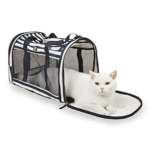 Barkbutler x Fofos Foldaway Carrier with Blue & White Stripes |Anti-scratch breathable mesh+padded base|Sturdy structure+Metal leash clip|Foldable structure for air travel or road trip + extra storage