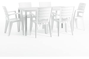RATTATAN Thomas & Anita - Ensemble de Salle à Manger de Jardin pour 6 Personnes avec Table Thomas et chaises Anita, chaises empilables en résine Effet Bois avec accoudoirs (Blanc)
