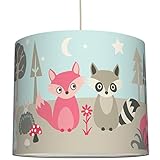 MOTIV LITTLE WOOD: Zauberhafte komplette Hängelampe mit Tier-Motiven aus dem Wald in Rosa-Blau- und Grau-Tönen- Ø 40 cm x Höhe 34 cm – Sanftes Licht für Mädchen & Jungenzimmer
