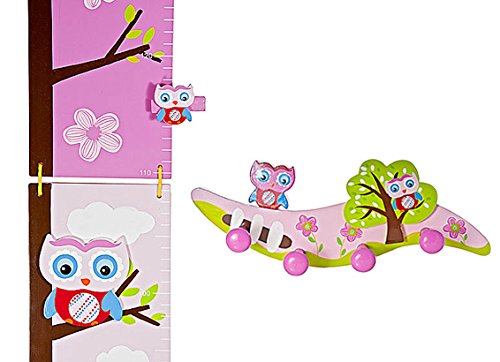 Kids Coat Hooks and Matching Height Chart for Owl Themed Girls Bedroom or Baby Nursery