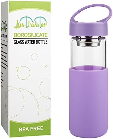 Justfwater Borosilicate Glass Water Bottle With Silicone Sleeve,Strainer 450ML,Tea and Fruit Infused Bottle
