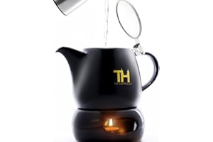Thiru theiere avec chauffe-base Théière - 1200 ml - En porcelaine de qualité supérieure fabriquée à la main - Modèle 2022 - Avec passoire en acier inoxydable (avec réchaud)