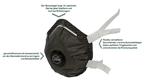 10x geruchsfiltrierende Halbmaske mit Ventil und Aktivkohle F333 CV / FFP3 V NR von Clean Breath | Atemschutzmaske bis zum 30-fachen des Grenzwertes (Schutz vor giftigen Stoffen sowie vor Tröpfchenaerosolen) | partikelfiltrierende Staubmaske mit Gummidichtlippe, Nasenbügel und verstellbaren Gummibändern für angenehmeren Tragekomfort auch bei lang andauernden Tätigkeiten | geprüfte Profiqualität direkt vom Hersteller nach Norm EN 149:2001 A1:2009 und CE 0194 - 2