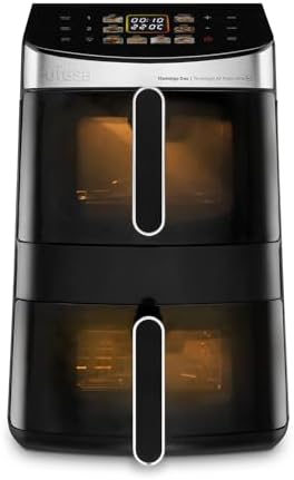 Ufesa Friggitrice ad Aria Flamingo Duo, Doppia Vasca, Capacità 11,5L, 8 Programmi Preimpostati, Schermo Touch Digitale, DualZone Heat, 2500W, Verticale, 50–220ºC, Air Pulse 360º, Finestra con Luce