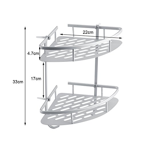 Yosoo Badzimmer 2 Etagen Duschablage mit Handtuch Haken aus Aluminium Duschregal Duschkörbe Eck-Badregal Eckregal ca. 31 x 21cm - 2