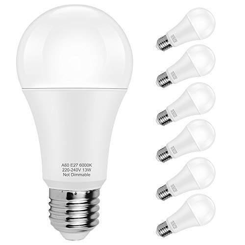 Bombillas LED estándar E27, blanco frío 6000K, bombilla LED Globe A60, E27, equivalente a 13W 100W, ángulo de haz 360 °, paquete de 6 de Pursnic