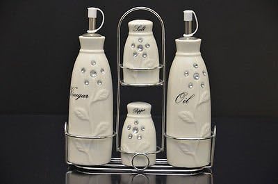 Menage Condiments Set with Vinegar Oil Salt Pepper 5 Pieces Porcelain
