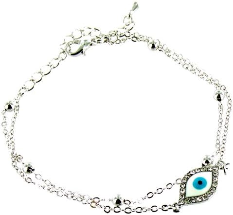 White and Blue on Silver Plated Evil Eye Pendant Bracelet