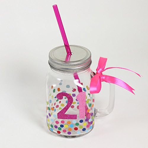 Age Spotty Mason Glass Jar with Handle &amp; Straw - 21st Birthday Gift
