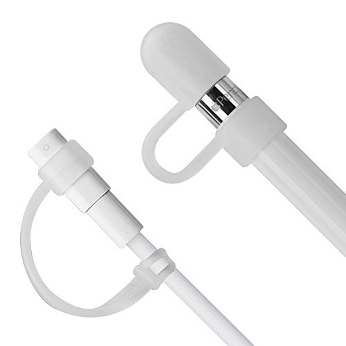 Jisoncase [4-teilig] Apple Pencil und Lightning-Adapter Hülle/ Halter, Herunterrollen zu vermeiden, Halterungen für USB Kabel Ladekabel Datenkabel Adapter, 9.7 12.9 Zoll iPad Pro Pen Kappe Apple Stift Pencilschutz Stiftehalter , praktische applepen Zubehör, Silikon, lichtdurchlässig/ weiß(Fluoreszenz) JS-APL-03P02 - 4