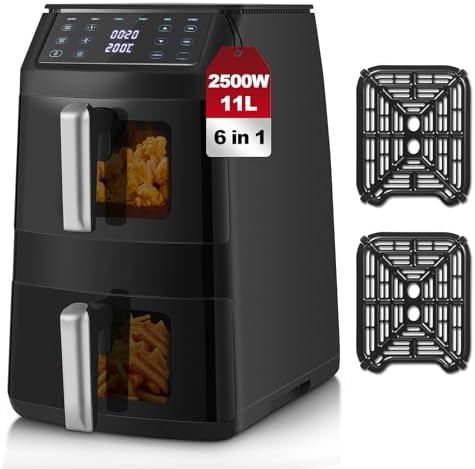 TopStrong Friggitrice ad Aria Doppio Cestello, 11 Litri Air Fryer Verticale 2 Cestelli con Finestra, 40-220℃, 6 Funzioni, Compatta, 2500W, Fino a 8 Persone, Componenti Lavabili in Lavastoviglie