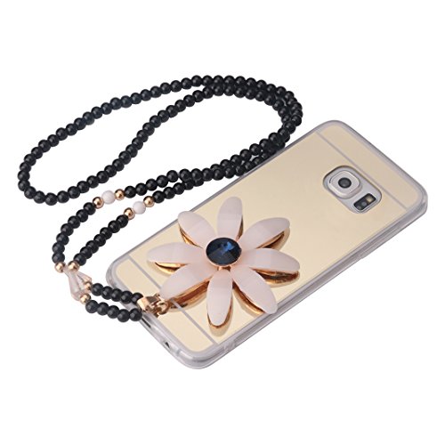 Preisvergleich Produktbild Samsung Galaxy S6 Hülle, Asnlove 2in1 Luxus Schutzhülle Spiegel Hülle Mirror Effect für Galaxy S6 TPU Silikon Gummi Case Handy Cover Ultra Slim Thin Dünn Outdoor Tasche Büro Handytasche mit Schwarz Bling Diamant Sonnenblume Taljereep Blume Muster - Weiß