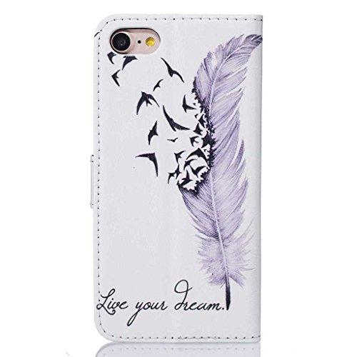 iGrelemÂ® iPhone 7 Case [with Free Tempered Glass Screen Protector], PU Leather Flip Protective Cover Case for Apple iPhone 7 4.7 Inch, Flowers, Butterfly, Deer, Bear Feather Colorful Pattern Design Wallet Case for iPhone7 (Feather, White)