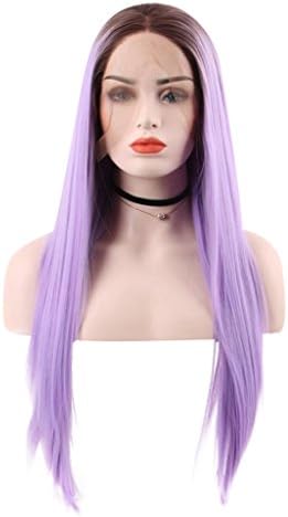 Straight Ombre Purple Heat Safe Synthetic Hair Lace Front Wig With Dark Brown Roots