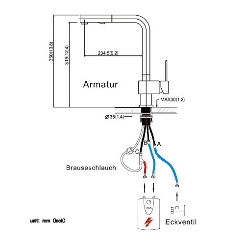 Homelody® Niederdruck Küchenarmatur Wasserhahn herausziehbar armatur mit Brause Niederdruckarmatur Spültischarmatur Einhebelmischer Spültisch Küche Mischbatterie - 5