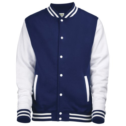 Giacca Stile Universitario College Americano Just Hoods AWDis Letterman Blu Mare Oxford/Bianco Taglia L