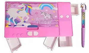 SHOPAHOLIC Jumbo Pencil Box with 3D uneecorn Sparkling Water Pen for Girls- Multi Color