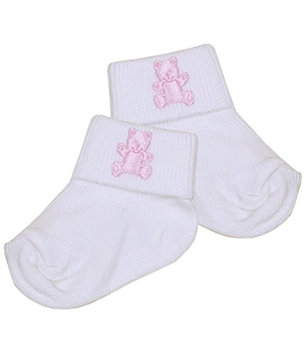 Cotton-rich Premature Baby Socks White with blue, pink or white teddy bear applique. 1.5 to 7.5lb