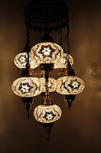 Multicolor Handmade Turkish Moroccan Style Mosaic Hanging Lamp Chandelier with 7 Large Size Globes