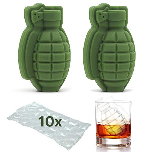 MEGON Grenade Forma 3D | Whisky Bandeja de cóctel Hombres, Aficionados Militares, Bar, Fiesta | 2 Paquetes y 10 Bolsas de Cubos de Hielo, Silicona,