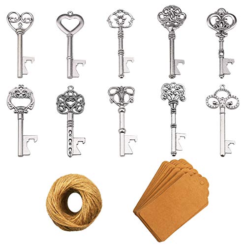 Key Bottle Openers - 50Pcs Vintage Skeleton Key Bottle Opener with Kraft Paper Gift Tags and Twine for Wedding Favors Antique Rustic Party Decoration (10 Styles, Silver)