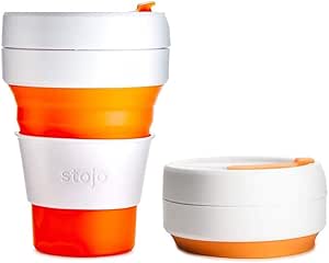Stojo On The Go Collapsible Coffee Cup | Pocket Size Collapsible Silicone Travel Cup - 12oz / 355ml - Orange