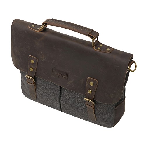 bupell Umhängetasche für Laptop und Akten aus echtem Büffel-Leder und Canvas – Für Notebooks bis 14″ – Unisex Vintage Messenger Bag, Aktentasche, Schultertasche, Notebooktasche – - 2
