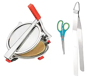 Vessel Crew Combo of Stainless Steel Puri/Roti Maker Press, Stainless Steel Roti ChimtaTong and Kitchen Scissor