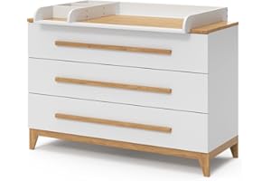 VitaliSpa Commode à Langer Malia, Blanc/Chêne, 133 x 98 cm XL avec 3 tiroirs