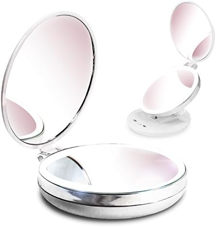 Vuezee LED Travel Makeup Mirror 10X 1X Magnifying - Folding Portable Lighted Mirror