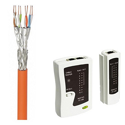 100 m erenLINE® Cat7 Netzwerkkabel-Verlegekabel; Set mit Netzwerktester; Schirmung: S/FTP - PIMF; halogenfrei; starrer Innenleiter; %100 Kupfer; AWG 23/1