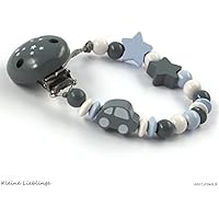 Schnullerkette ohne Namen mit Auto und 2 Sternen für Jungen grau pastellblau weiß Baby Geschenk Taufe Geburt