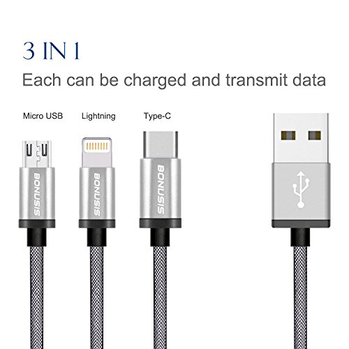 BONUSIS 1,2 m/Sandsackset 3 in 1 Geflochten Ladekabel für alle mobile Geräte - Laden Ihre Geräte Drei AT A TIME. - Android, Windows, Blackberry, Apple Handys und Tablets, silber, Type C + Micro + Lightning