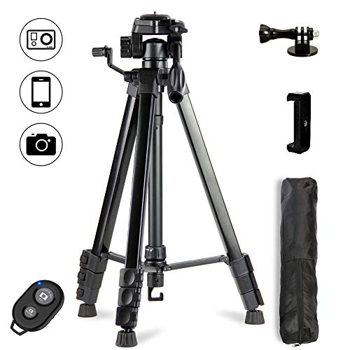 Dezuo 152cm Aluminio Trípode Cámara Reflex para Móvil, iPhone, Gopro, Incluye Universal Soporte Smartphone y Adaptador de Gopro y Control Remoto Bluetooth