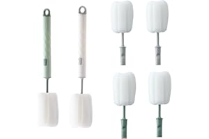 Dimoxii 6 Pièces Goupillon Biberon Eponge avec Manche, Ecouvillon Nettoyeur Gourde, Mousse Brosse Lot, Lave Verre Brosse pour Vaisselle (Blanc + Vert)