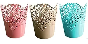 VENIQE Plastic (Pack of 3) Hollow Flower Basket | Bucket Pen Stand Makeup brushes, Cutlery Holder Stationery Desk Organizer for Home Office