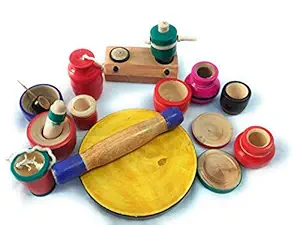 MAMUShop Chennapattana Wood eco Friendly Wooden Kids Toy Kitchen Set with chakla belan Set / choppu Jaman Made in India Kids Gas Stove with Cylinder Combo-Multi Color