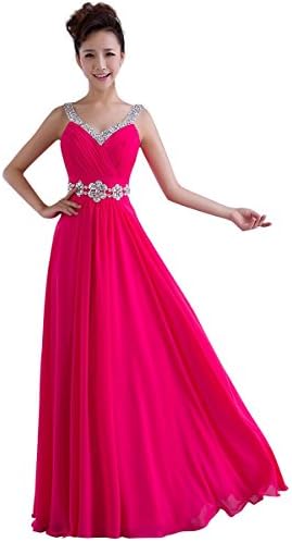 Kmformals Women's V-neck Column Long Chiffon Prom Dress Bridesmaid Dresses Size 16 Hot Pink