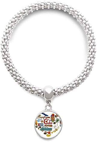 Womens Cuba Love Heart Landscap National Flag Sliver Bracelet Round Pendant Jewelry Chain