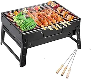 jesilo Folding & Portable Outdoor Barbeque Grill Toaster Charcoal BBQ Grill Oven Black Carbon Steel, (Black, with 3 nos wodden Stick)