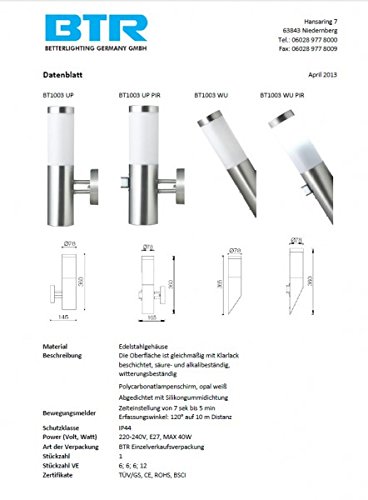 Betterlighting BT1003A UP Außenwandleuchte, E27, silber, 7,8 x 14,5 x 36 cm - 7