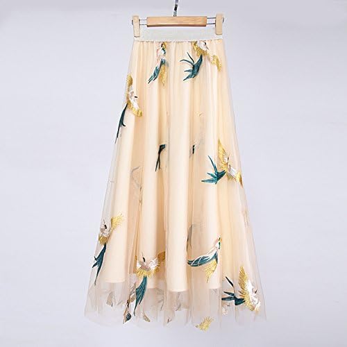 WDDBSQ Tulle Skirt/Half-length skirt/Mesh/Banquet/Gala/Party/Dress/Embroidery/Mesh/Skirt/High Waist/Pompon A-Big Swing Skirt Perspective Bust/Maxi Skirt/Women, M (Waist Size) 90Cm Skirt Length, Apricot 3 A Skirt Lining + Shorts