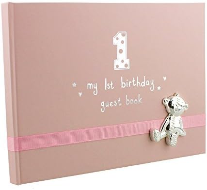 Button Corner My 1st Birthday Pink Girls First Birthday Guest Book with metal teddy icon