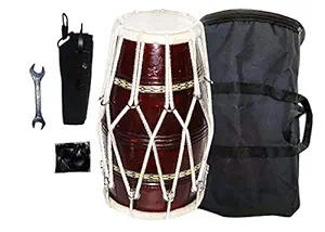 RAM Musical Rope Fitting Wooden Dholak (Brown) with Full Kit